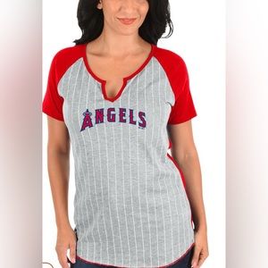Women’s ANGELS Baseball Majestic  Pinstriped Red and Grey V-Neck Raglan Tee Sz L